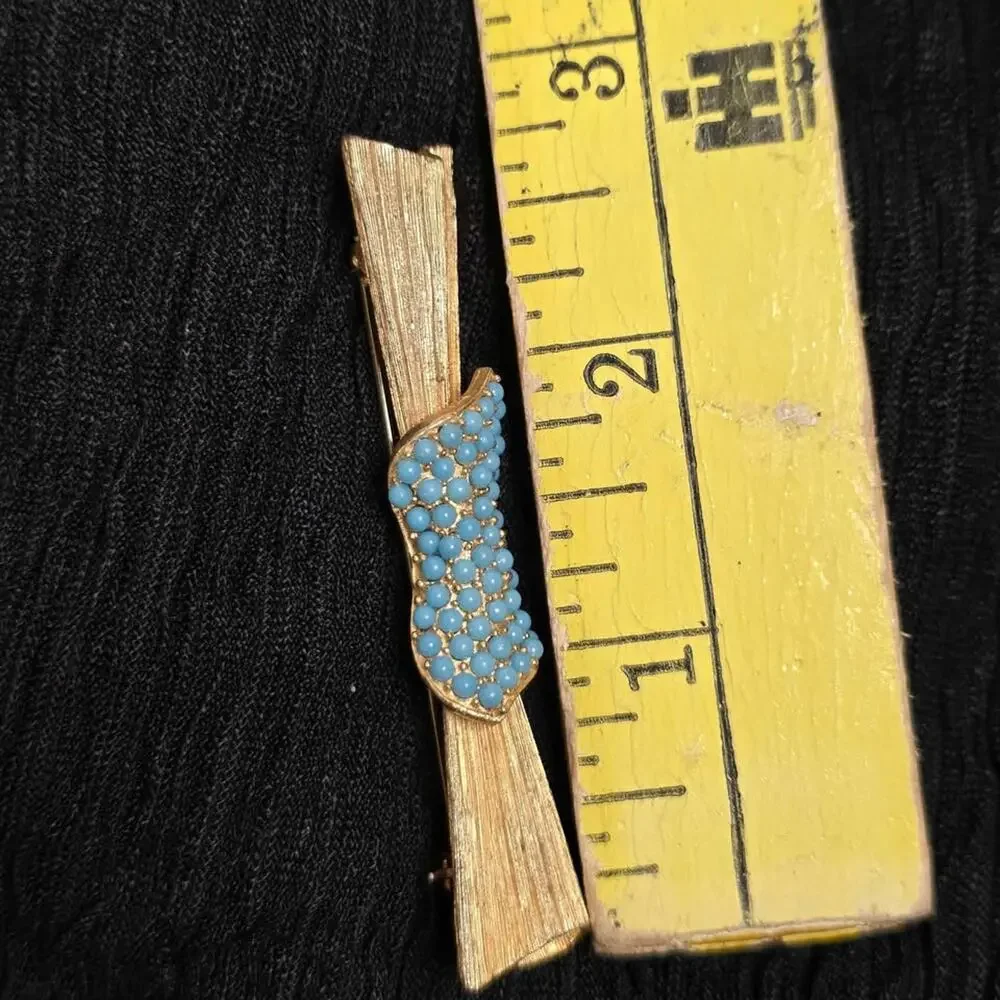 Vintage Gold Tone Brooch Blue Bow Mid Century Retro Unsigned